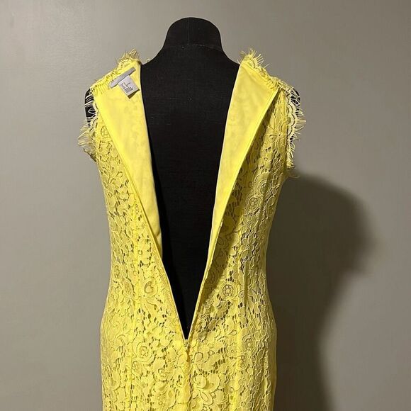 H&M Women's Yellow Sleeveless Zip V-Neck Lace Floral Sheath Dress Small - Picture 7 of 8